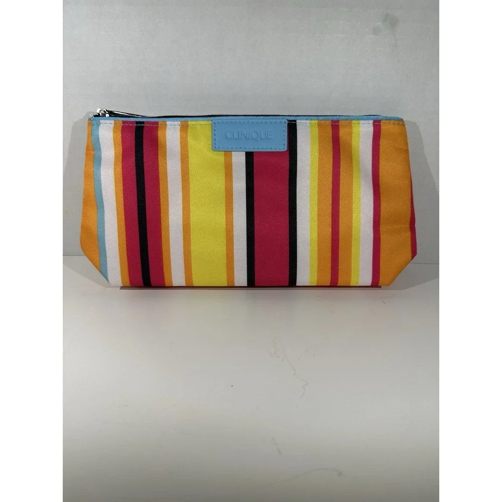 Clinique Cosmetic Pouch – Multicolor Striped Makeup Bag Chic Colorful
